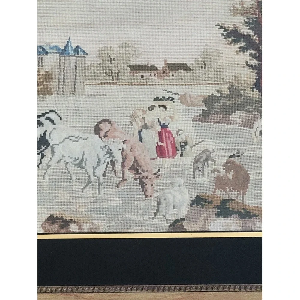Big Antique Needlepoint Pastoral Scene Framed Picture Cows Horses Maidens Castle